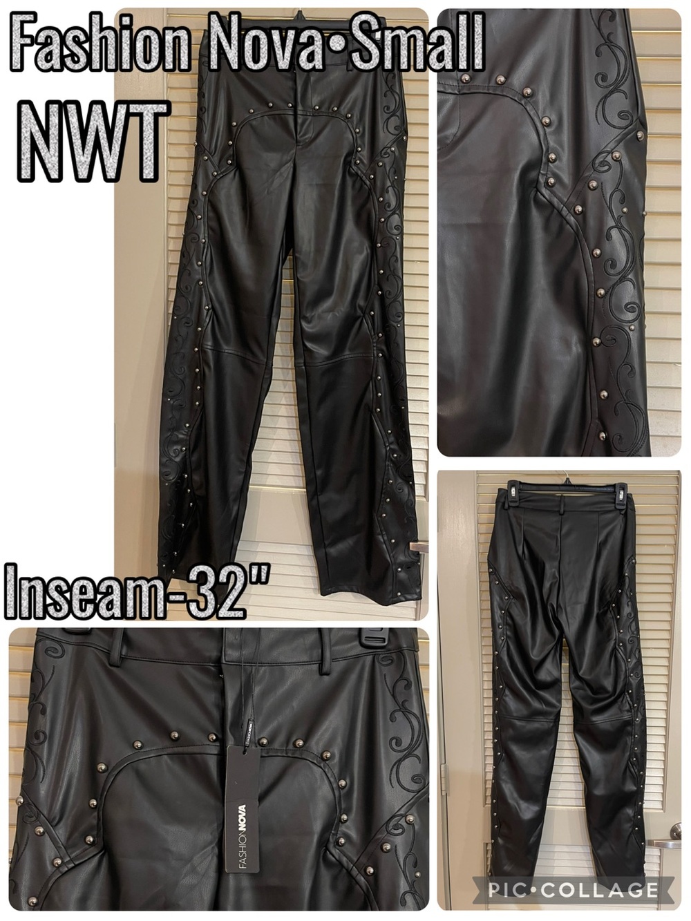 Fashion Nova Black Faux Leather Embroidered & Studded Pants
